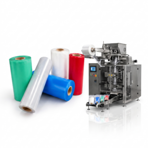 Máquina envasadora con rollos de film de colores y paquetes sellados.